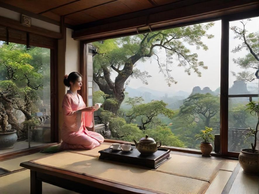 一间布置典雅的茶室，一位身着旗袍的女士正在优雅地泡茶，光线柔和，营造出温馨宁静的氛围。